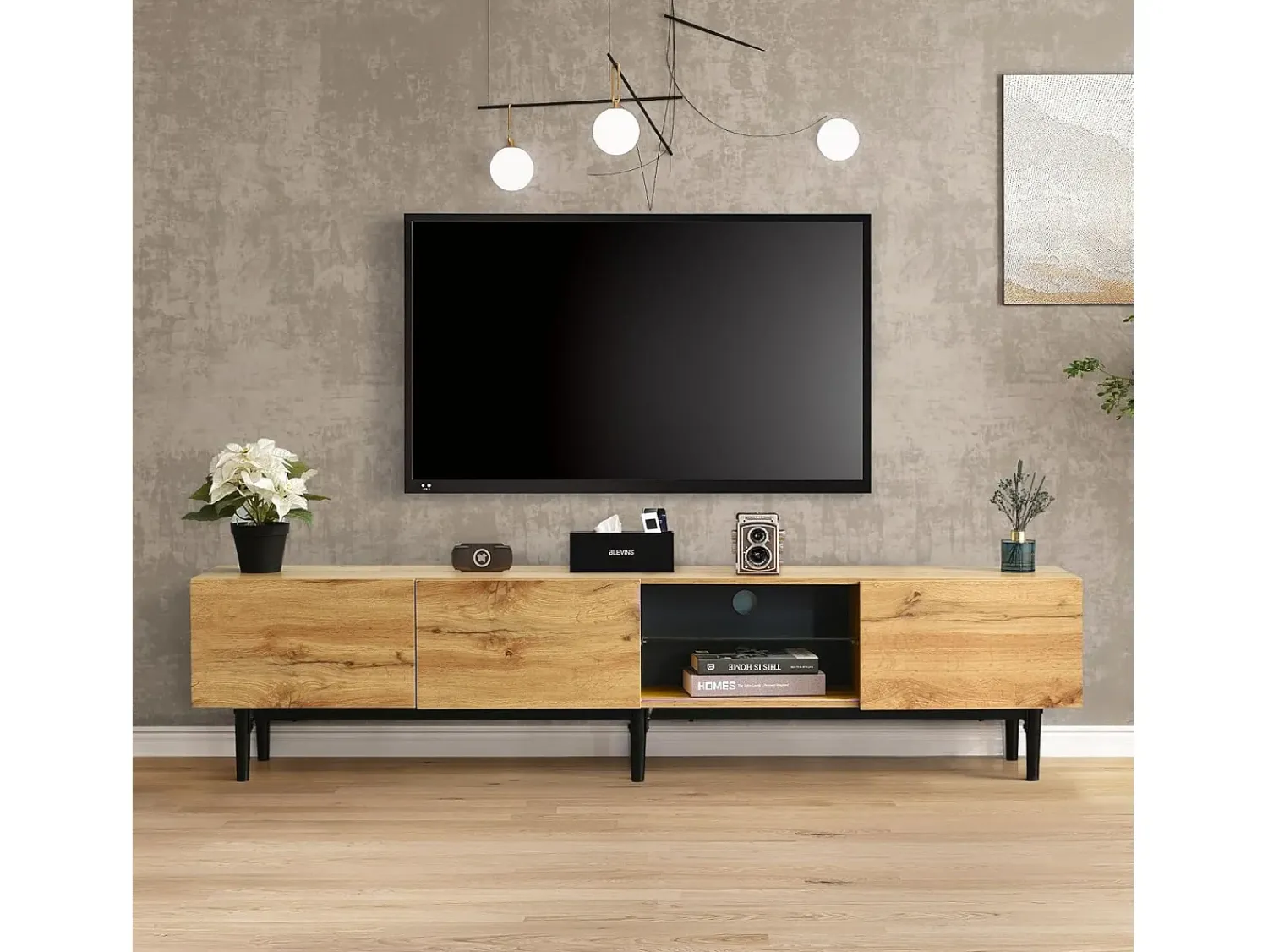 Outlet Móvel TV, Móvel TV Estilo Industrial 175cm com LED, Prateleiras e Armazenamento, 3 Portas, madeira Natural claro