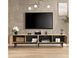 Outlet Móvel TV, Móvel TV Estilo Industrial 175cm com LED, Prateleiras e Armazenamento, 3 Portas, madeira Natural claro
