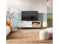 Móvel De Tv| Móvel TV Nordic Tokyo Albo/Carvalho Listrado 2 Portas 1 Gaveta 136 cm Branco