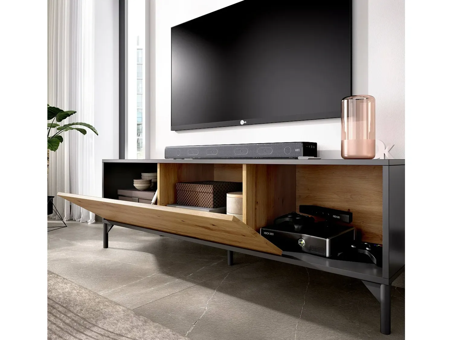 Móvel De Tv|Dmora Móvel TV Olimpo, Aparador baixo da sala, Aparador da sala para televisão, 132x39h44 cm, Carvalho Nodi e Antracite Castanho
