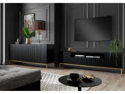 Discount Móvel TV com 2 portas e 2 gavetas com pé em metal dourado 200x45 cm Preto