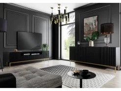 Discount Móvel TV com 2 portas e 2 gavetas com pé em metal dourado 200x45 cm Preto