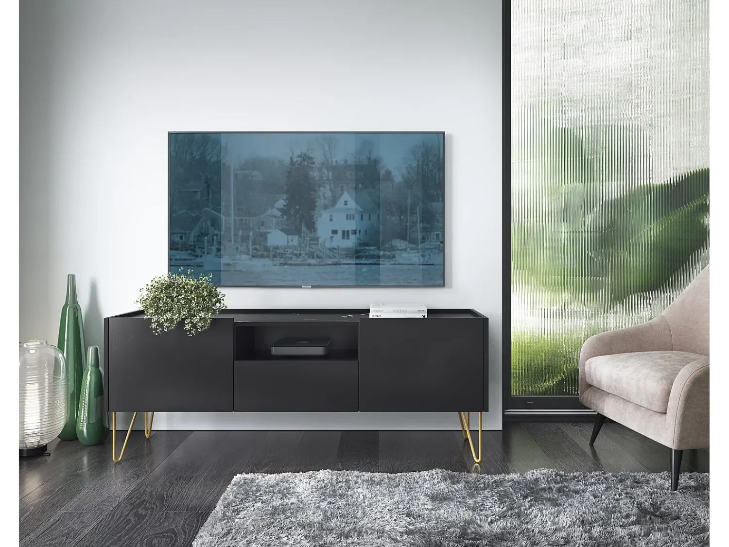 Online Móvel TV: grafite / mármore , 144 x 55 x 37 cm Preto