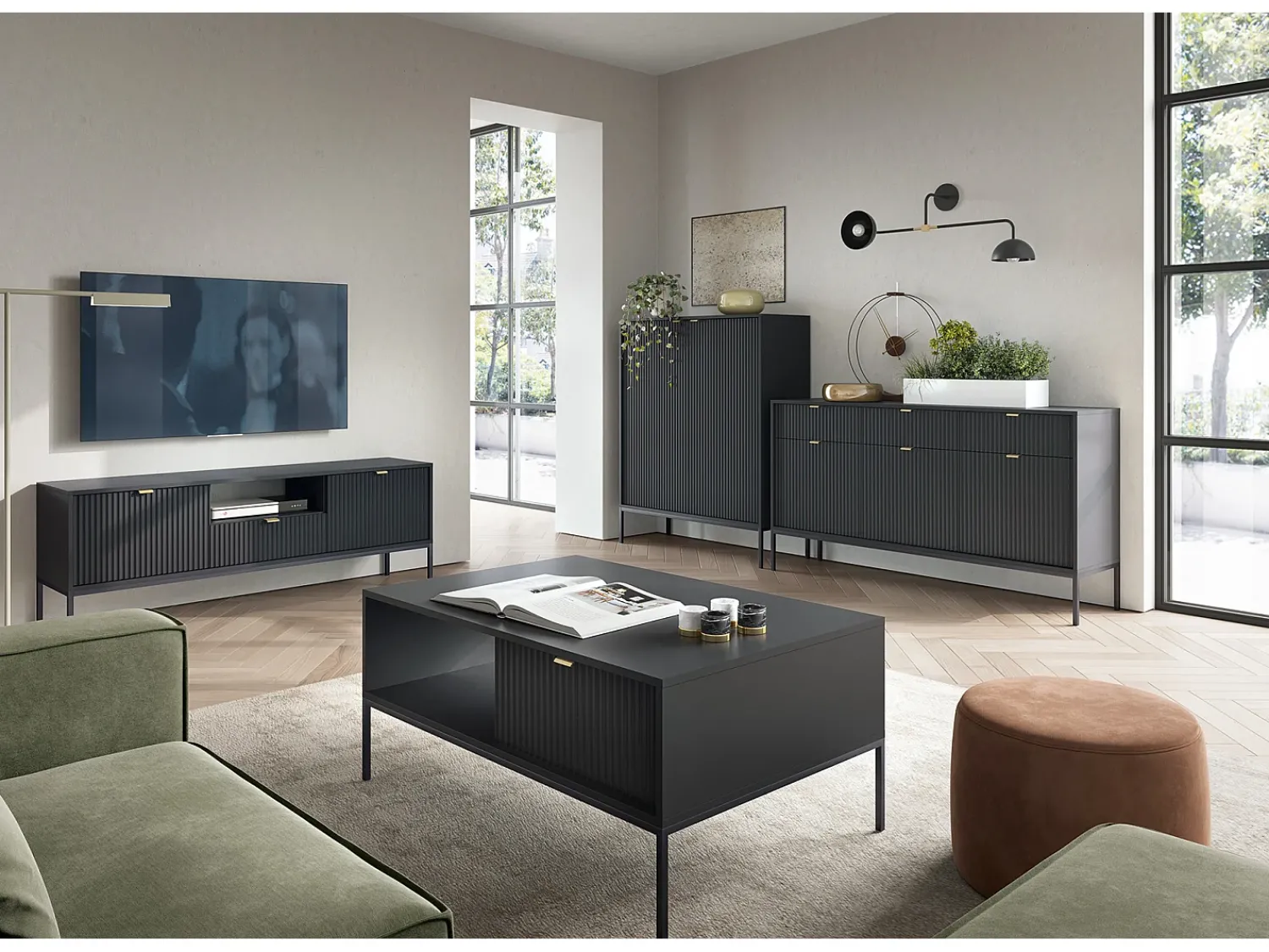 Best Móvel TV: , , 154 x 56 x 39 cm, puxadores dourados Preto