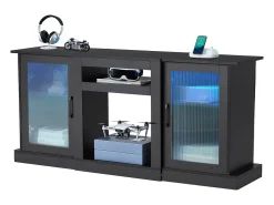 Móvel De Tv| Móvel TV SucceBuy para Televisores até 165 cm, Suporte Moderno em Madeira com Iluminação LED, Portas e Prateleiras Ajustáveis, Solução de Armazenamento Preto