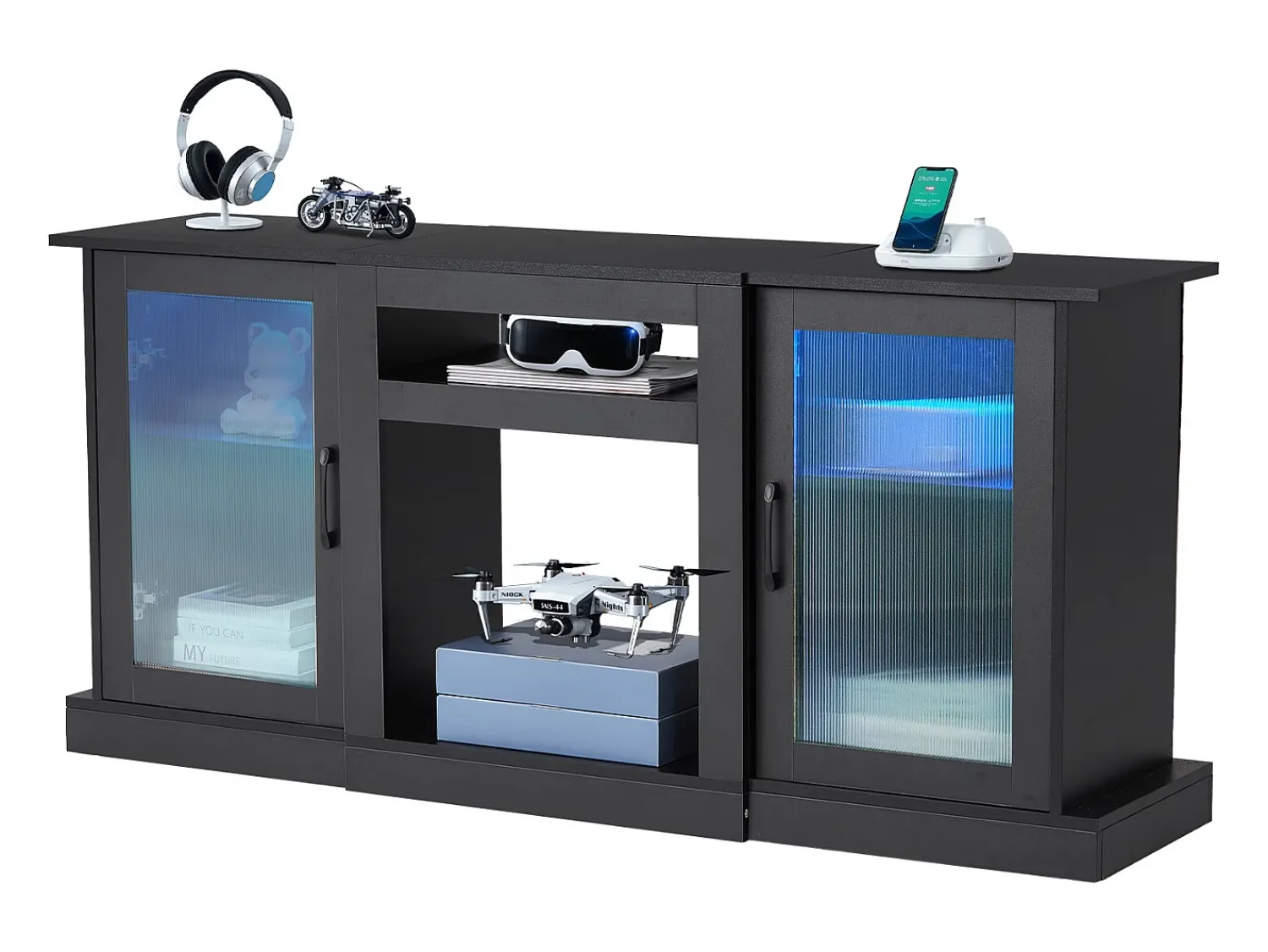 Móvel De Tv| Móvel TV SucceBuy para Televisores até 165 cm, Suporte Moderno em Madeira com Iluminação LED, Portas e Prateleiras Ajustáveis, Solução de Armazenamento Preto