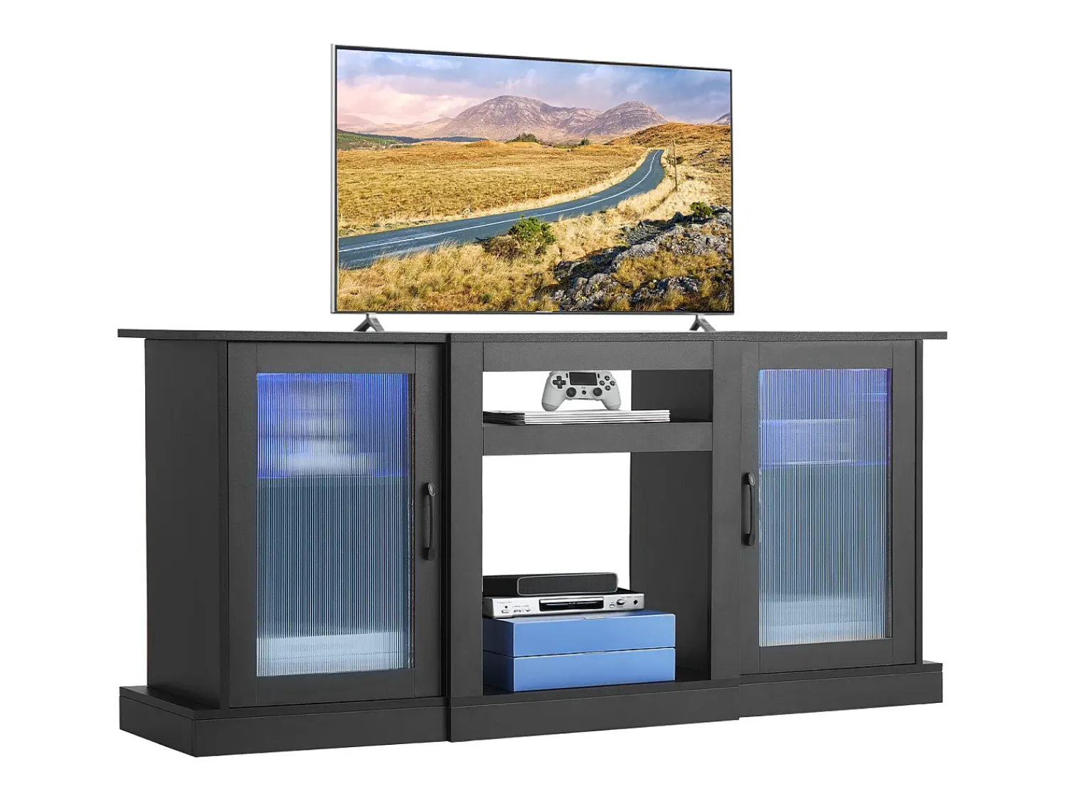 Móvel De Tv| Móvel TV SucceBuy para Televisores até 165 cm, Suporte Moderno em Madeira com Iluminação LED, Portas e Prateleiras Ajustáveis, Solução de Armazenamento Preto