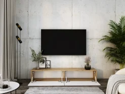 Móvel De Tv| Móvel TV suspenso, 170 x 34 x 32 cm, Carvalho Wotan / Branco Brilhante Castanho