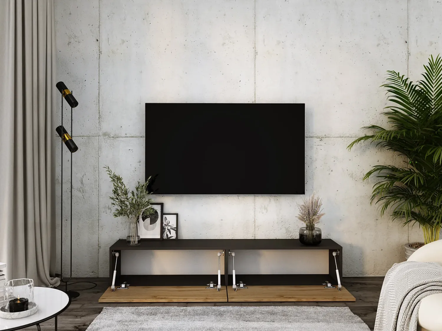 Outlet Móvel TV suspenso, 170 x 34 x 32 cm, Carvalho Wotan / Fosco Preto