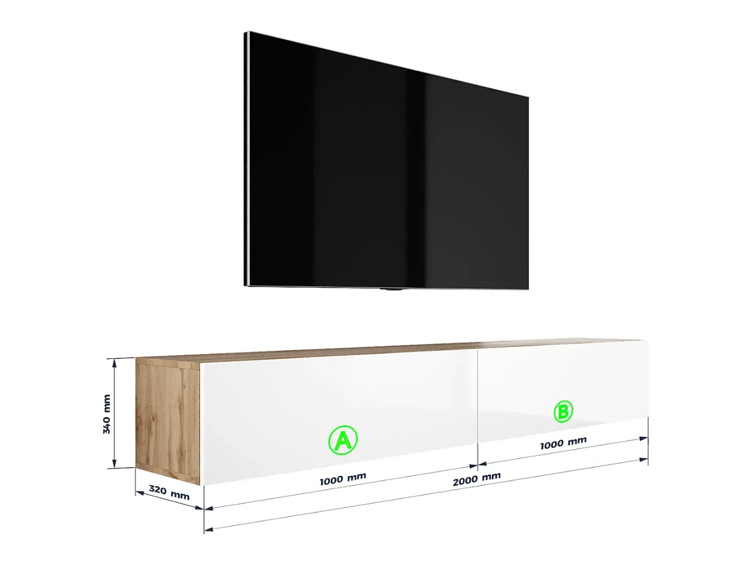 Móvel TV suspenso, (2 x 100) x 34 x 32 cm, Carvalho Wotan / Branco Brilhante^ Móvel De Tv