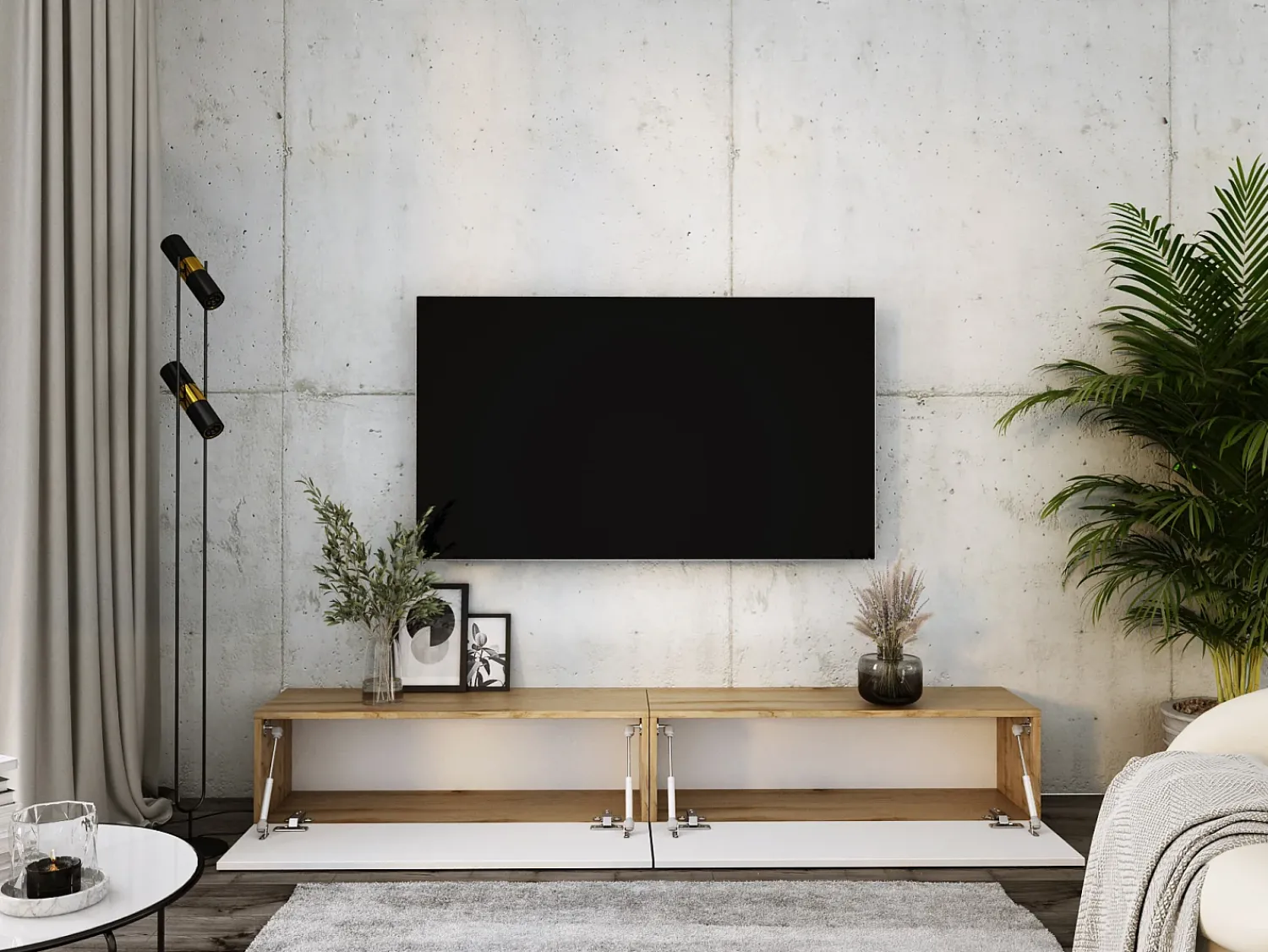 Móvel TV suspenso, (2 x 100) x 34 x 32 cm, Carvalho Wotan / Branco Brilhante^ Móvel De Tv