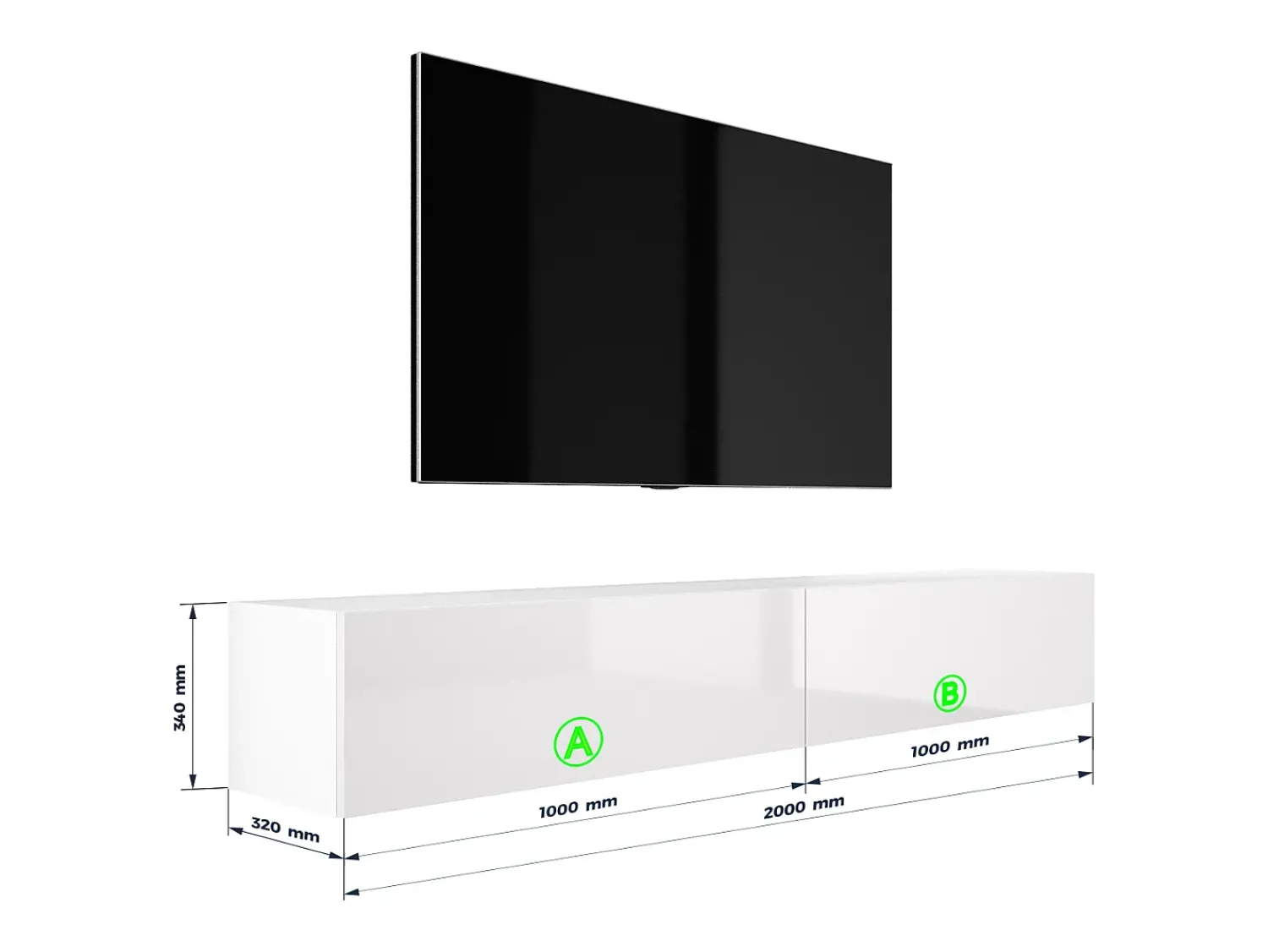 Móvel De Tv| Móvel TV suspenso, (2 x 100) x 34 x 32 cm, Fosco / Brilhante Branco