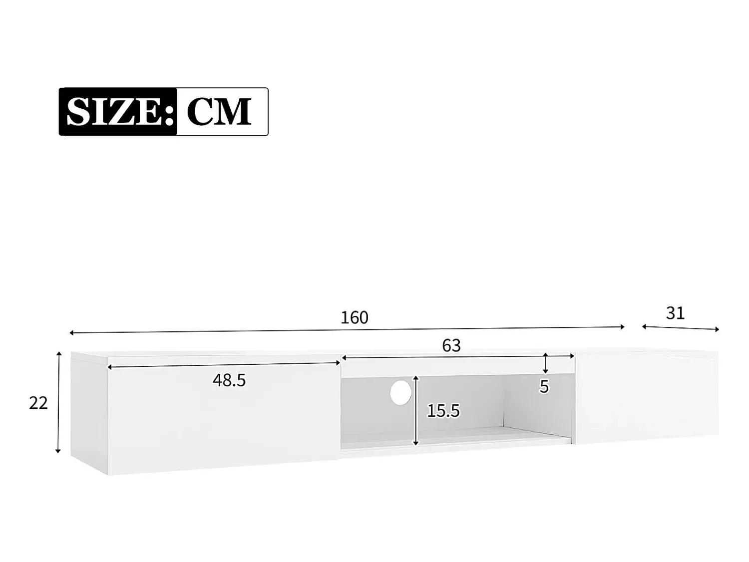 ModernLuxe Móvel TV suspenso 160cm - 1 compartimento aberto e 2 portas articuladas - aspecto brilhante -^ Móvel De Tv