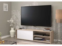 New Móvel TV Trevo sala 1 porta de correr carvalho Jackson 155x43x40 cm Branco