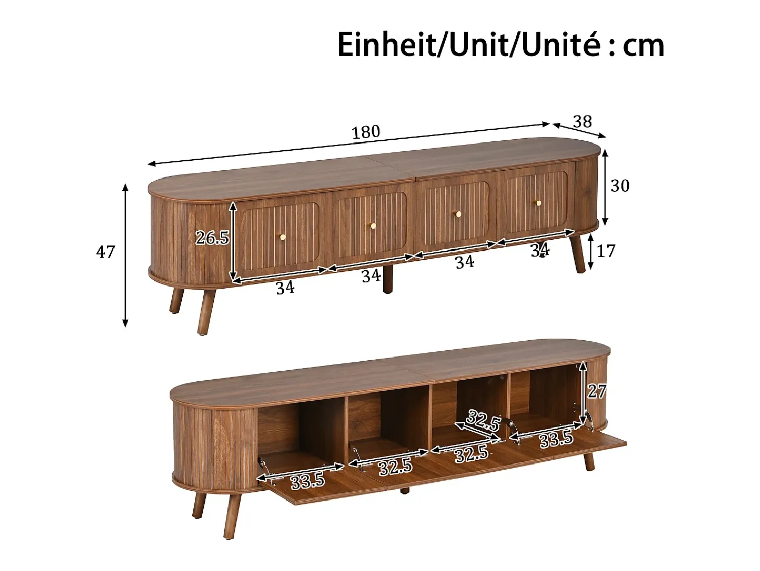 Hauss Spole Móvel TV vintage 180x38x47 cm em madeira escura com 4 portas^ Móvel De Tv