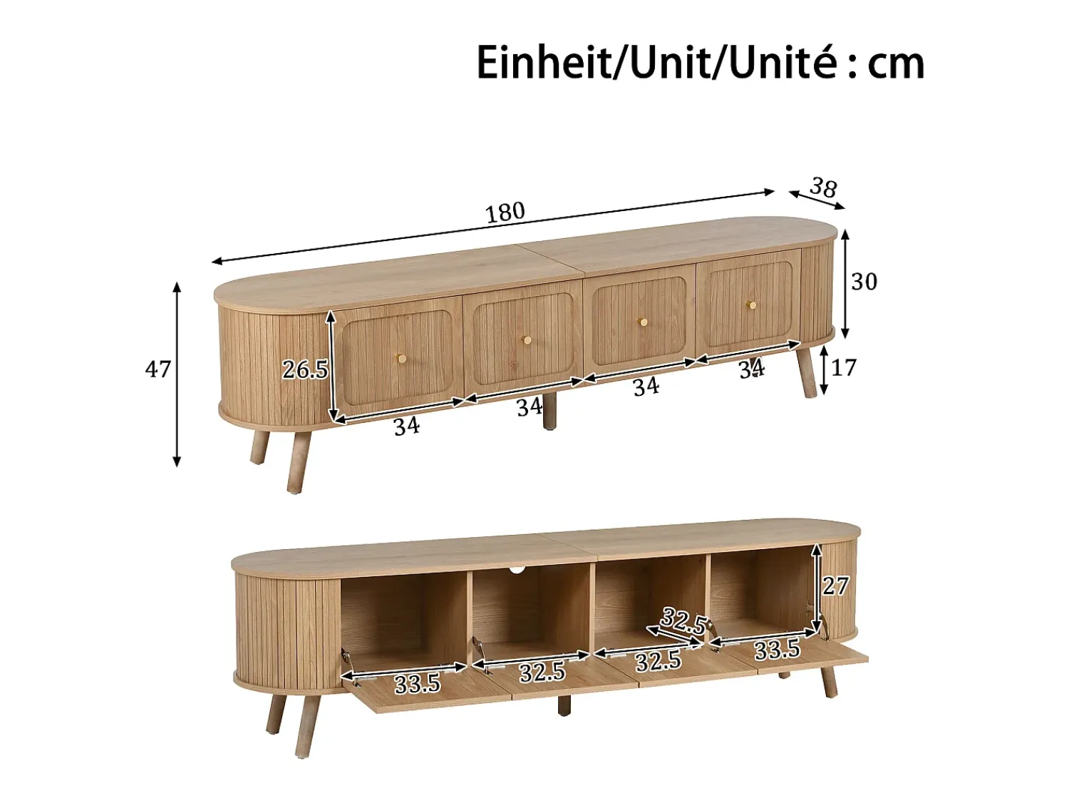 Online Hauss Spole Móvel TV vintage 180x38x47 cm em madeira clara com 4 portas Natural claro