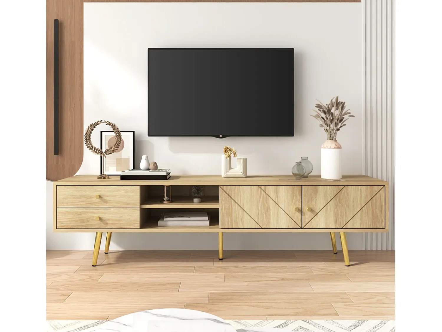 Outlet ModernLuxe Móvel TV 160x36x42cm - com 2 gavetas e 2 portas - pés dourados - Natural Natural claro