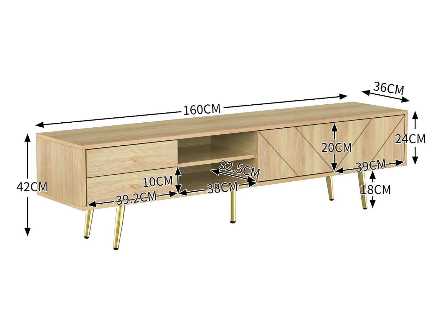 Outlet ModernLuxe Móvel TV 160x36x42cm - com 2 gavetas e 2 portas - pés dourados - Natural Natural claro