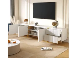 New Móvel TV 190x35x45cm - com 3 portas 2 gavetas - grão e madeira - MDF+PB - Branco+ Dourado