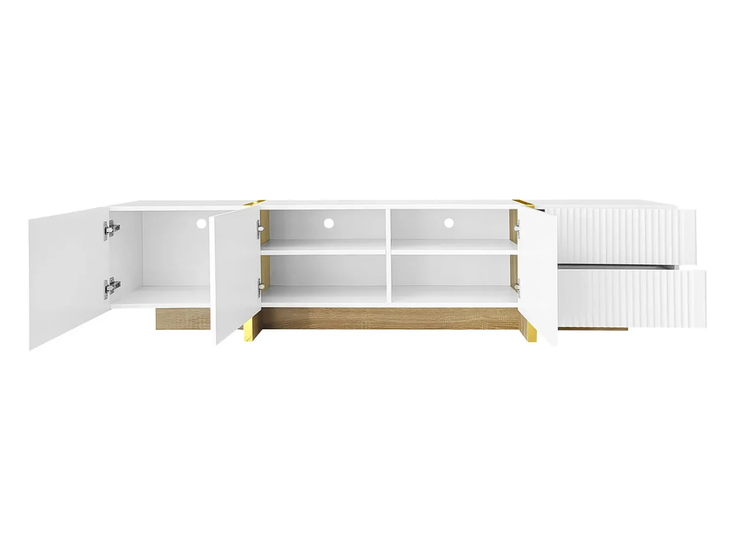 New Móvel TV 190x35x45cm - com 3 portas 2 gavetas - grão e madeira - MDF+PB - Branco+ Dourado