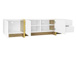 New Móvel TV 190x35x45cm - com 3 portas 2 gavetas - grão e madeira - MDF+PB - Branco+ Dourado