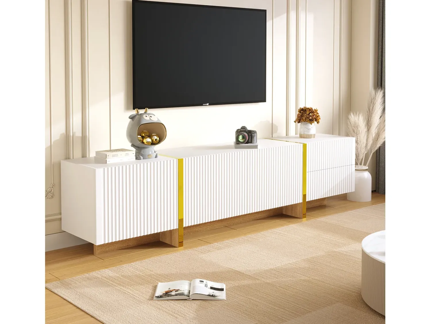 New Móvel TV 190x35x45cm - com 3 portas 2 gavetas - grão e madeira - MDF+PB - Branco+ Dourado