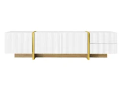 New Móvel TV 190x35x45cm - com 3 portas 2 gavetas - grão e madeira - MDF+PB - Branco+ Dourado