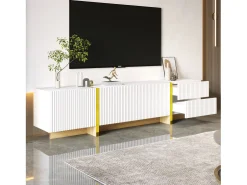 New Móvel TV 190x35x45cm - com 3 portas 2 gavetas - grão e madeira - MDF+PB - Branco+ Dourado
