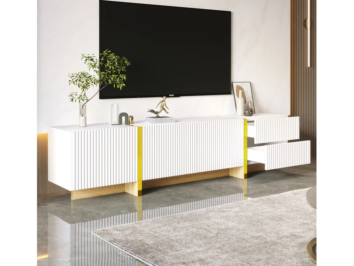 New Móvel TV 190x35x45cm - com 3 portas 2 gavetas - grão e madeira - MDF+PB - Branco+ Dourado