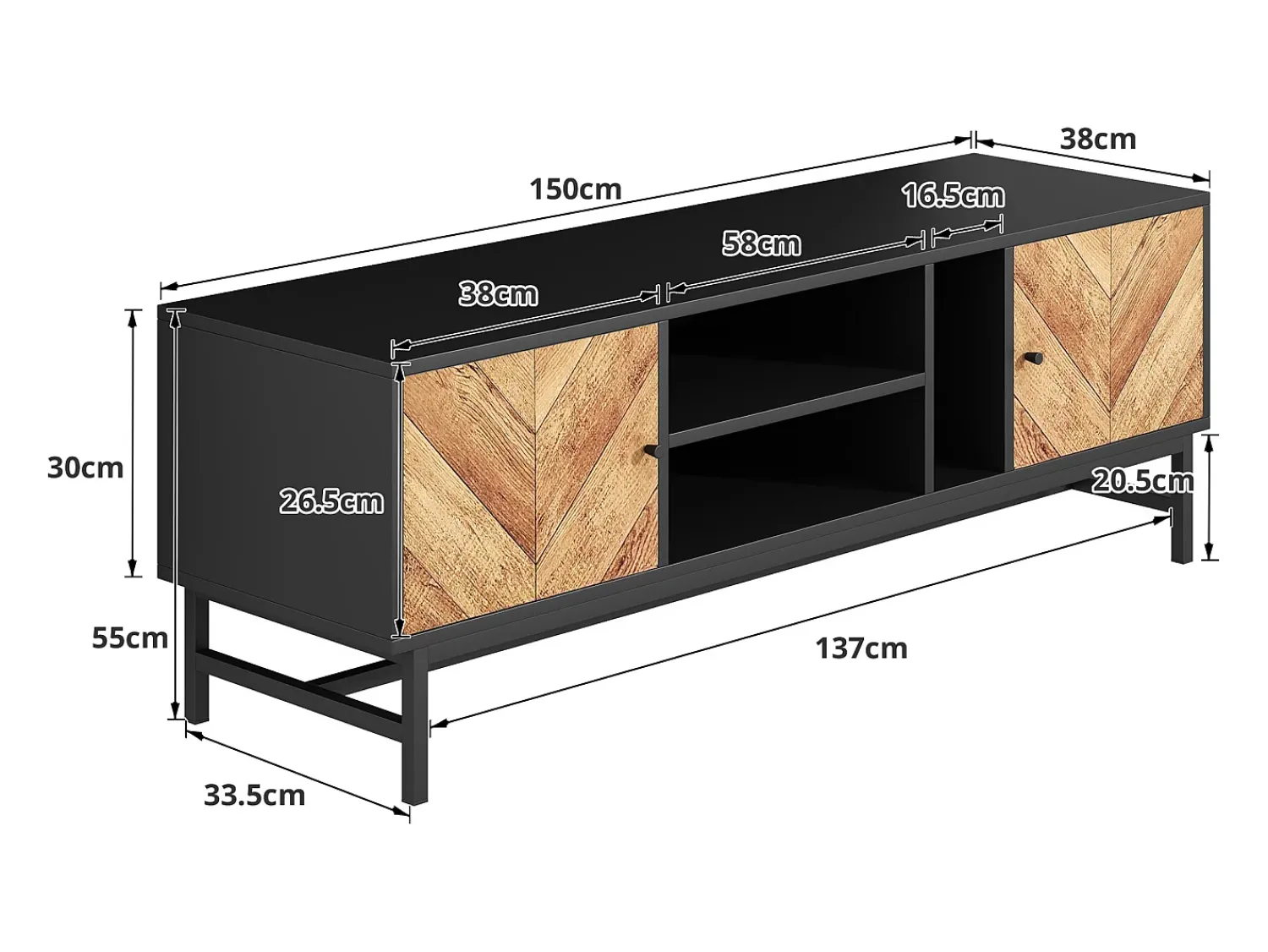 Móvel De Tv*ModernLuxe Móvel TV 150x38x55cm - com prateleiras e 2 portas - Natural + Preto Preto / Natural claro