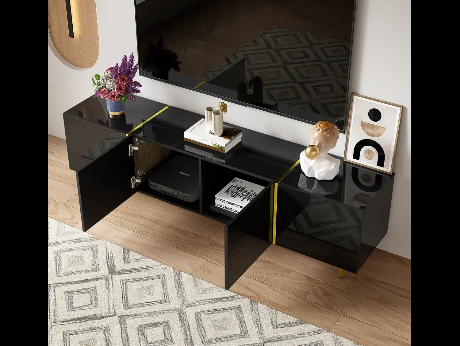 Móvel De Tv* Móvel TV 170x35x46cm - Móvel 4 portas brilhante - moderno e simples - MDF Preto