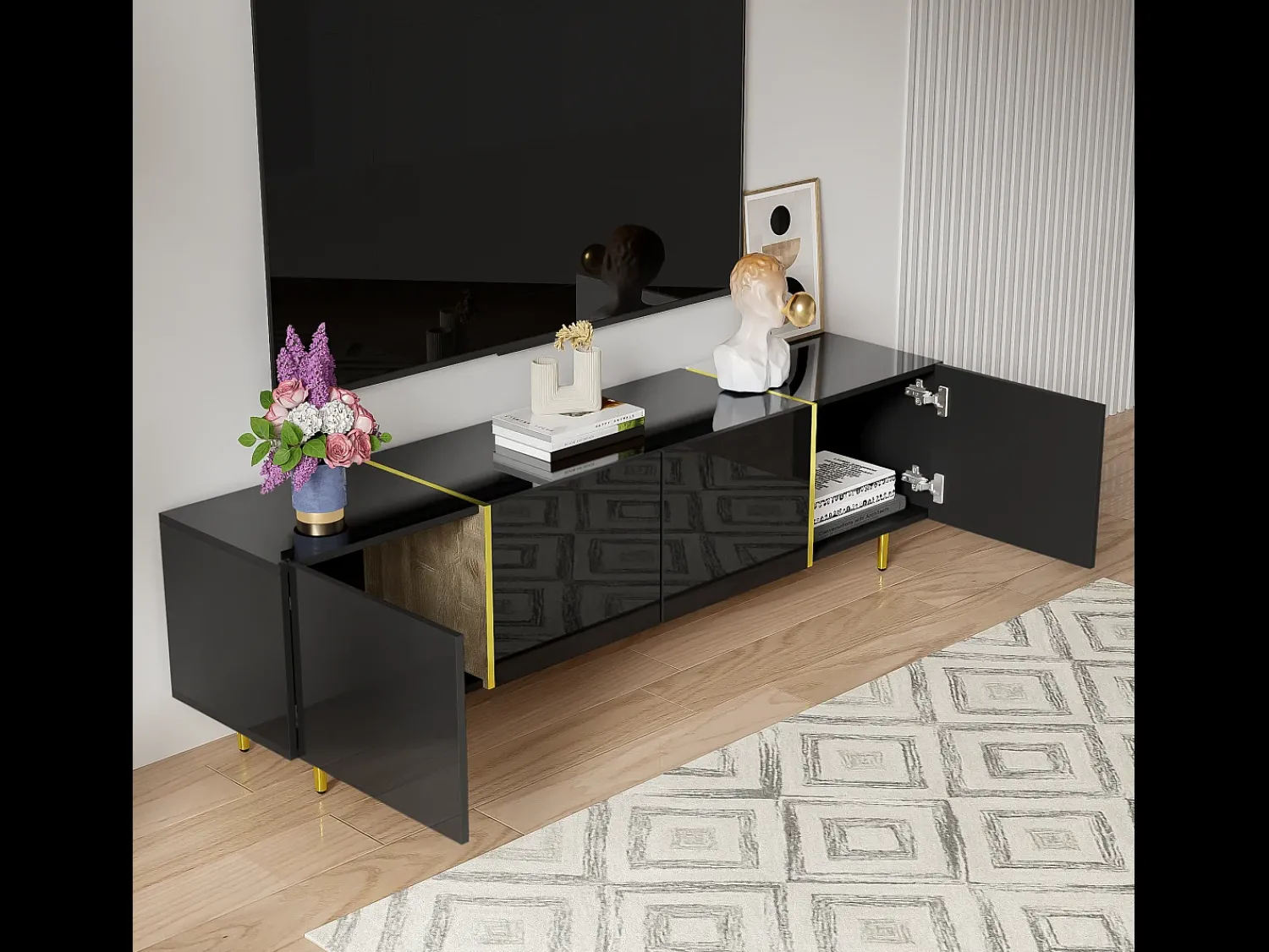 Móvel De Tv* Móvel TV 170x35x46cm - Móvel 4 portas brilhante - moderno e simples - MDF Preto