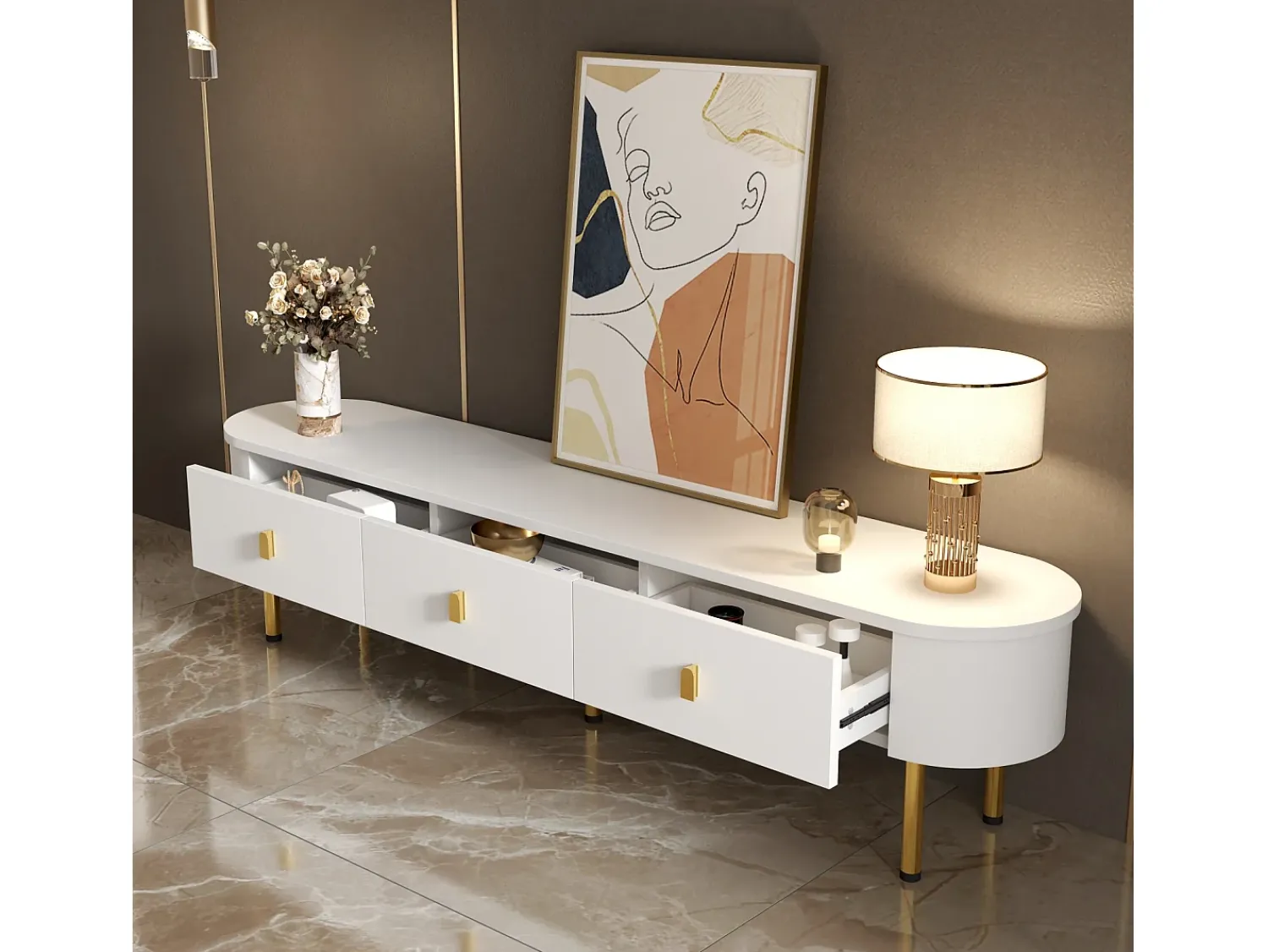 Móvel TV 174x35x41cm - Móvel baixo com 3 gavetas, puxadores e pés dourados, cantos curvos - em MDF^ Móvel De Tv