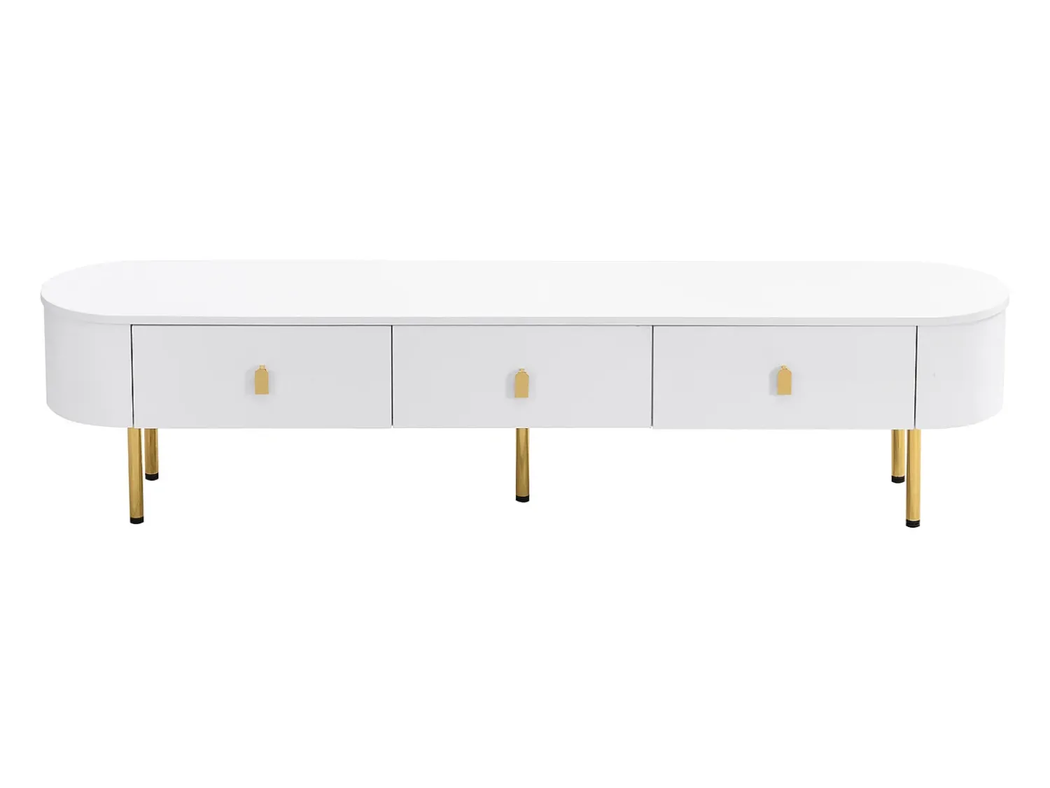Móvel TV 174x35x41cm - Móvel baixo com 3 gavetas, puxadores e pés dourados, cantos curvos - em MDF^ Móvel De Tv