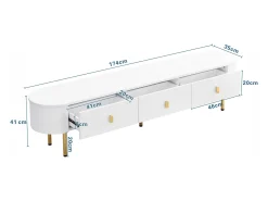 Móvel TV 174x35x41cm - Móvel baixo com 3 gavetas, puxadores e pés dourados, cantos curvos - em MDF^ Móvel De Tv