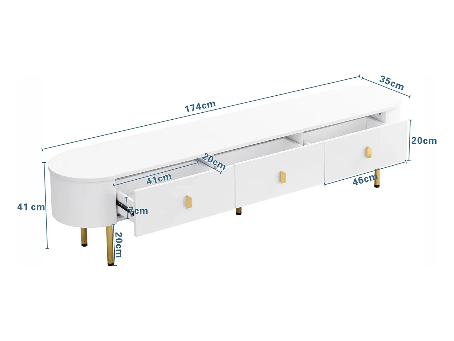 Móvel TV 174x35x41cm - Móvel baixo com 3 gavetas, puxadores e pés dourados, cantos curvos - em MDF^ Móvel De Tv