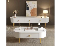 Móvel TV 174x35x41cm - Móvel baixo com 3 gavetas, puxadores e pés dourados, cantos curvos - em MDF^ Móvel De Tv