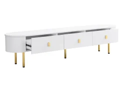 Móvel TV 174x35x41cm - Móvel baixo com 3 gavetas, puxadores e pés dourados, cantos curvos - em MDF^ Móvel De Tv