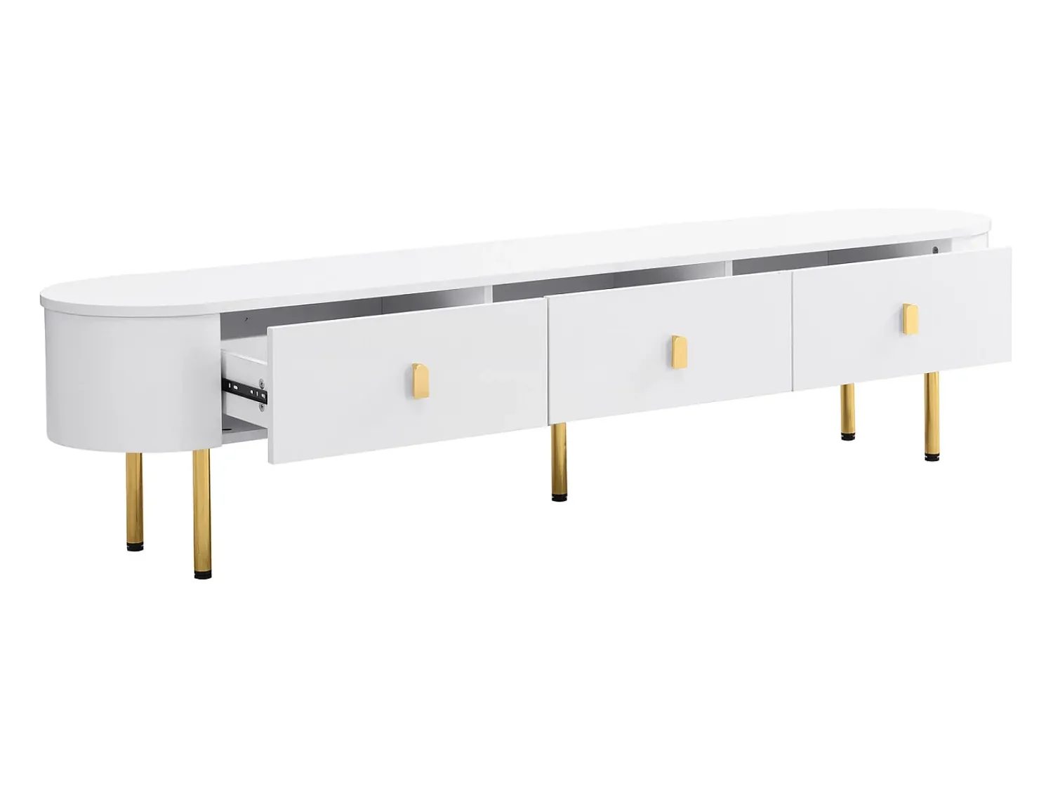 Móvel TV 174x35x41cm - Móvel baixo com 3 gavetas, puxadores e pés dourados, cantos curvos - em MDF^ Móvel De Tv