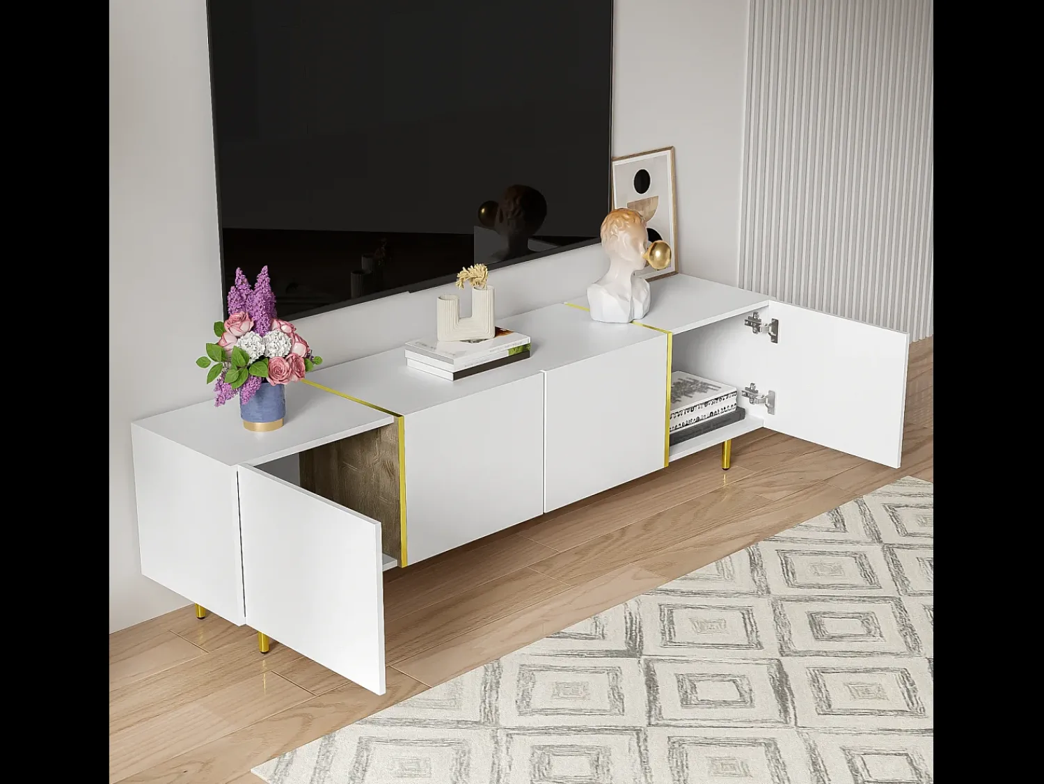 Móvel TV 170x35x46cm - Móvel brilhante com 4 portas - moderno e simples - MDF Branco