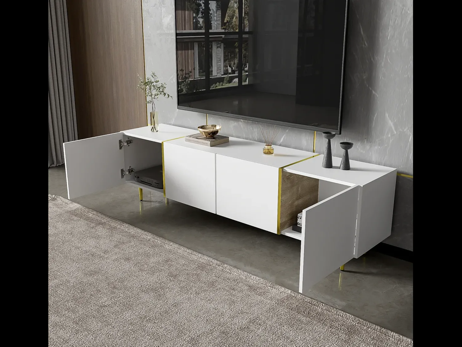 Móvel TV 170x35x46cm - Móvel brilhante com 4 portas - moderno e simples - MDF Branco