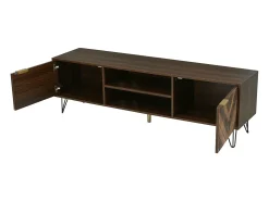 Móvel TV 160x38x47cm - Móvel TV 2 portas em folheado de madeira maciça com 2 compartimentos, puxadores dourados e pés em ferro - castanho^ Móvel De Tv
