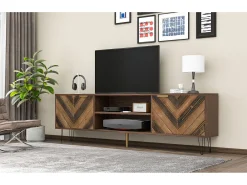 Móvel TV 160x38x47cm - Móvel TV 2 portas em folheado de madeira maciça com 2 compartimentos, puxadores dourados e pés em ferro - castanho^ Móvel De Tv