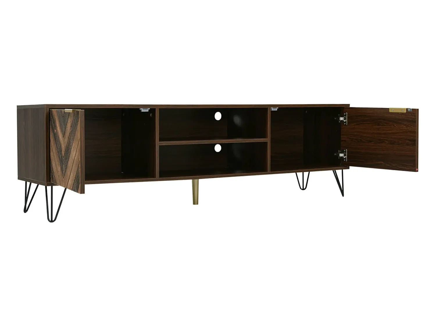 Móvel TV 160x38x47cm - Móvel TV 2 portas em folheado de madeira maciça com 2 compartimentos, puxadores dourados e pés em ferro - castanho^ Móvel De Tv