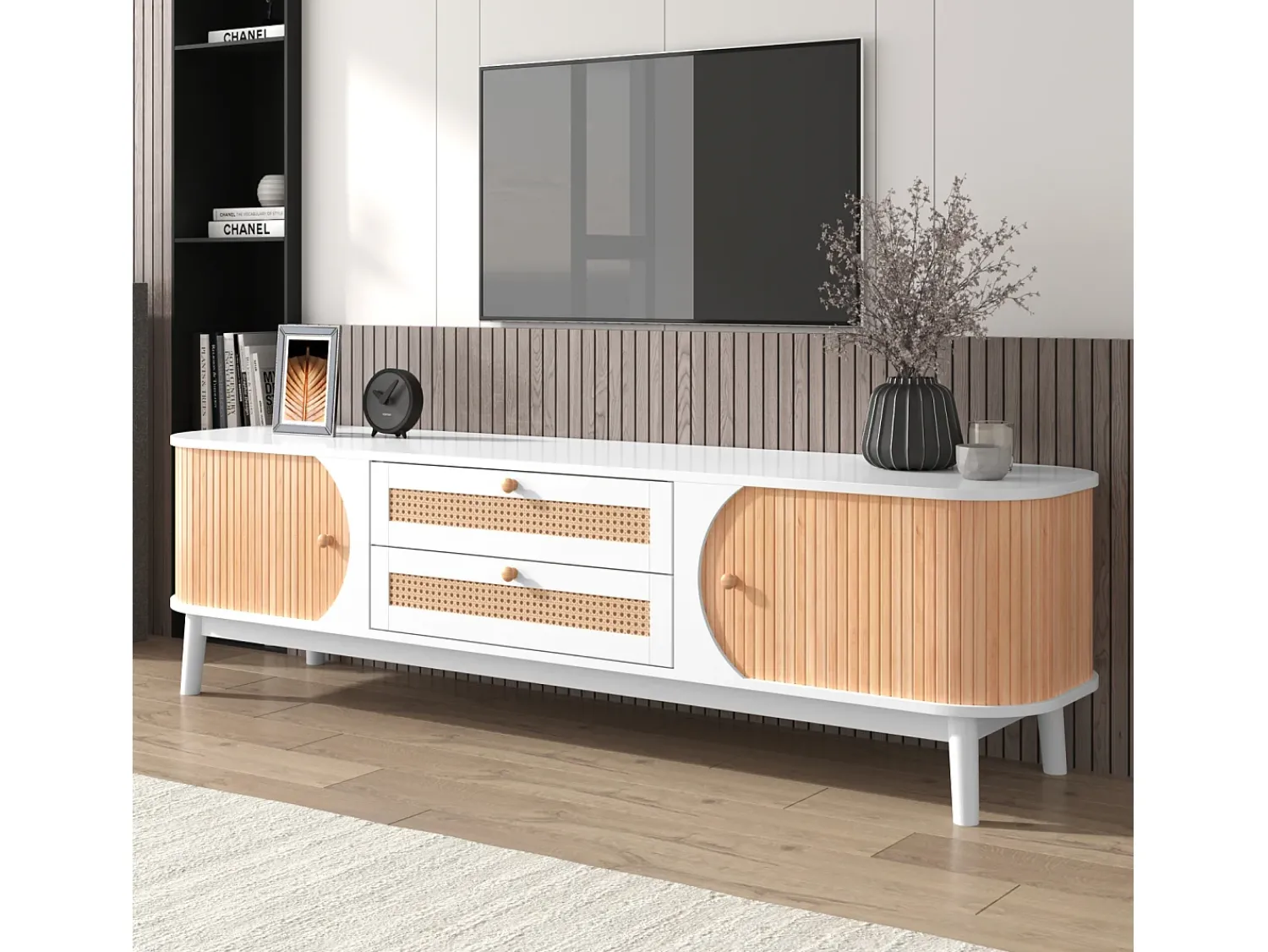 Móvel TV 170x39,5x46cm - Móvel TV em madeira com portas e gavetas em verga em estilo campestre para arrumação -^ Móvel De Tv