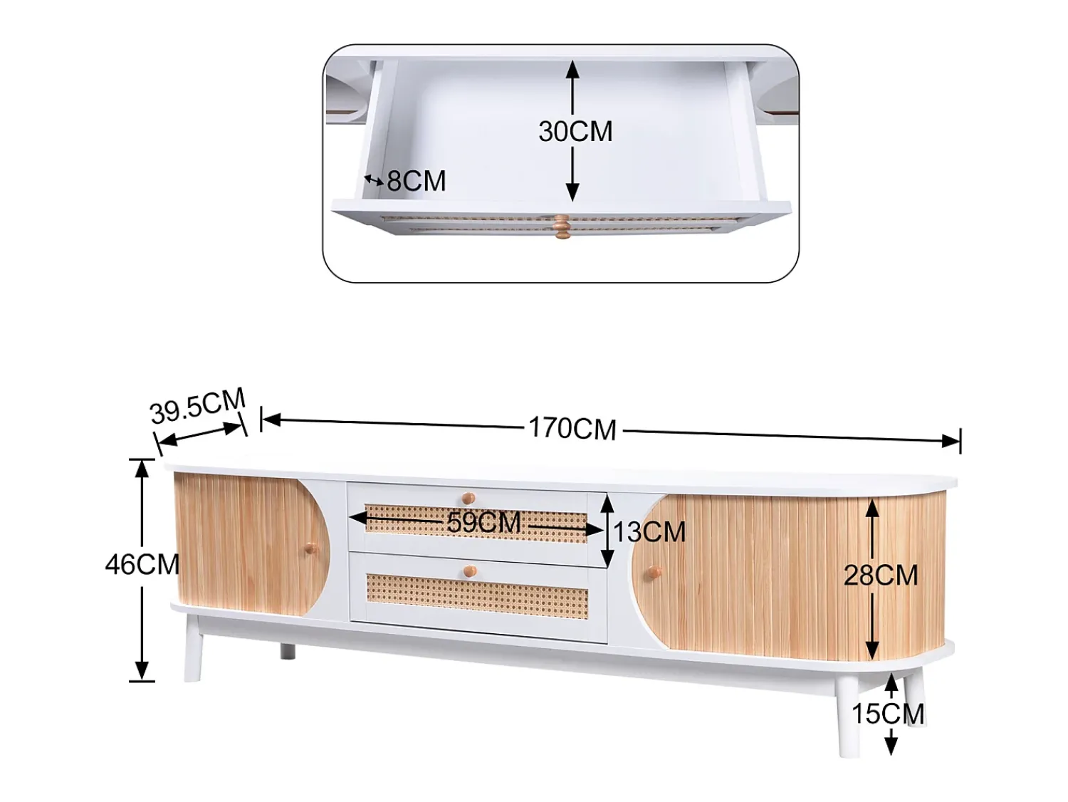 Móvel TV 170x39,5x46cm - Móvel TV em madeira com portas e gavetas em verga em estilo campestre para arrumação -^ Móvel De Tv