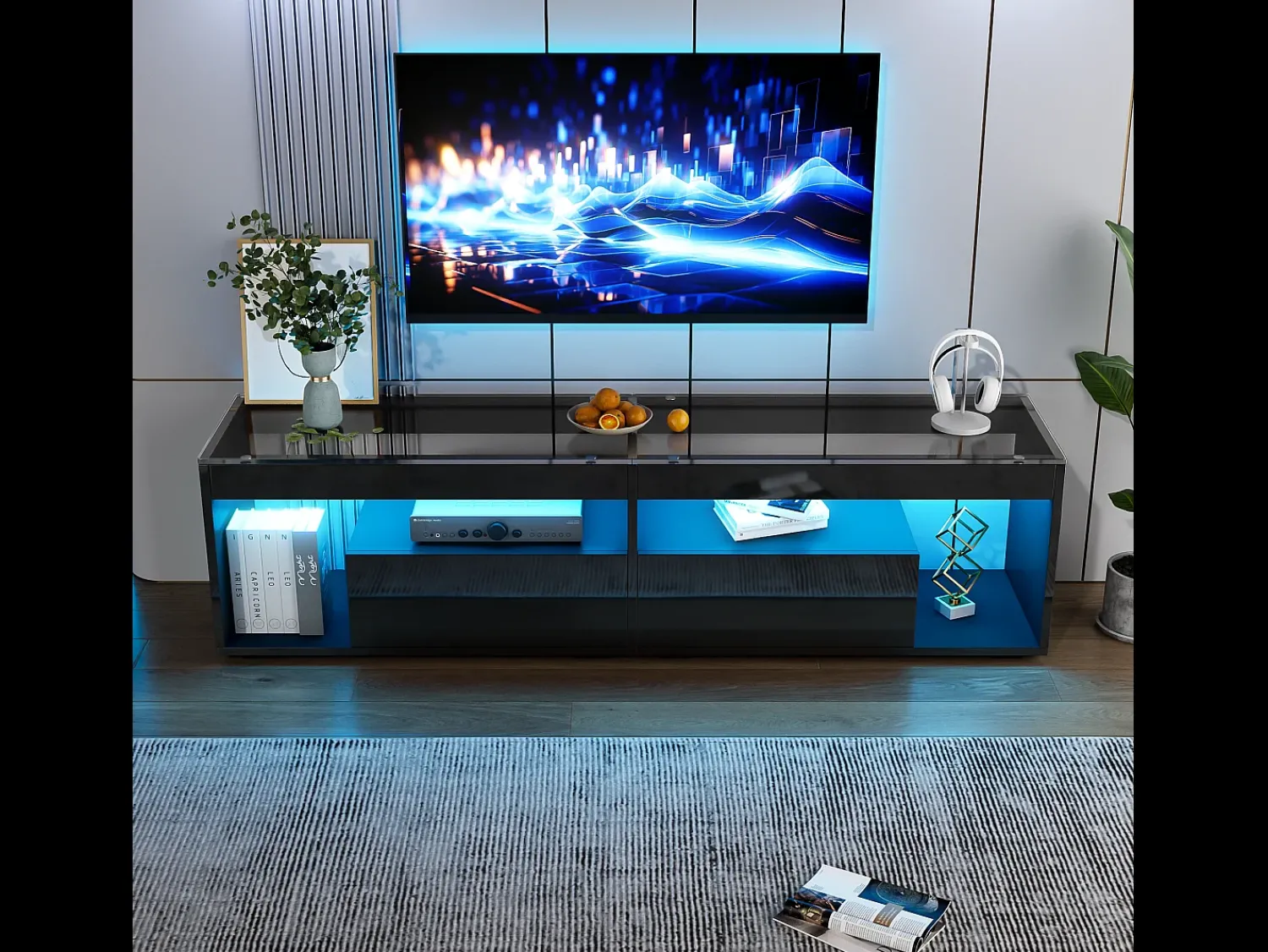Best Hauss Spole Móvel TV 180x40x46cm com 2 gavetas, LED incluído, corpo em lacado Preto
