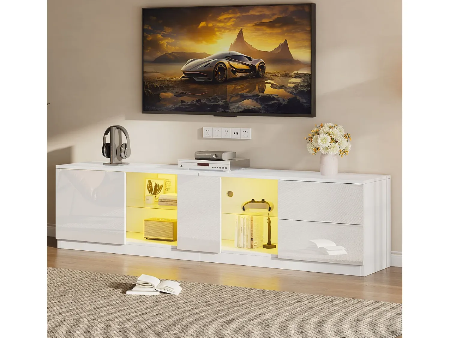Clearance Hauss Spole Móvel TV 160x40x52cm com 1 porta, 2 gavetas e prateleiras de vidro, LED incluído, corpo em lacado Branco