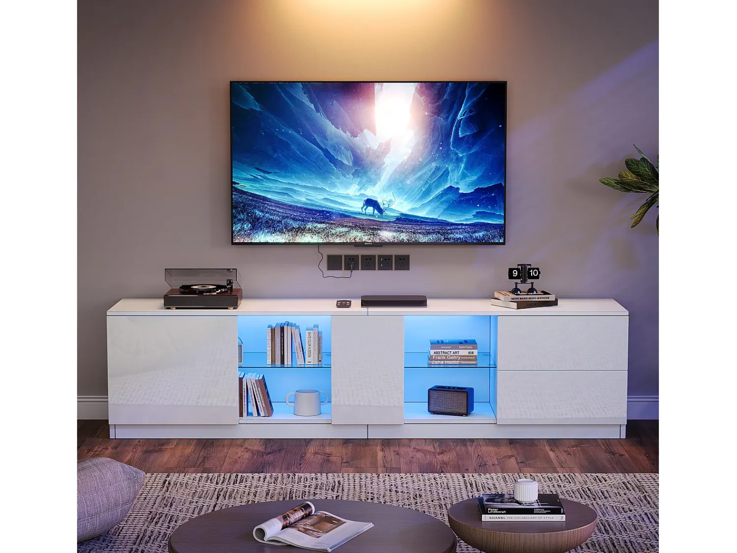 Clearance Hauss Spole Móvel TV 160x40x52cm com 1 porta, 2 gavetas e prateleiras de vidro, LED incluído, corpo em lacado Branco