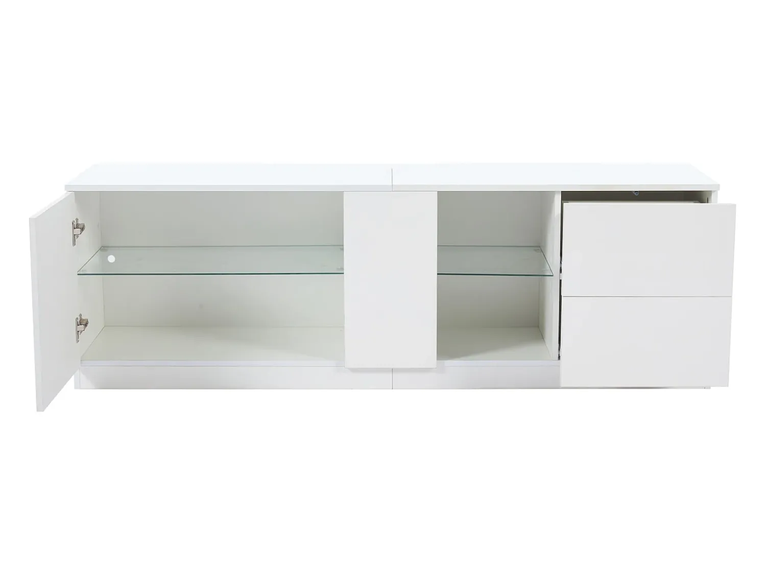 Clearance Hauss Spole Móvel TV 160x40x52cm com 1 porta, 2 gavetas e prateleiras de vidro, LED incluído, corpo em lacado Branco